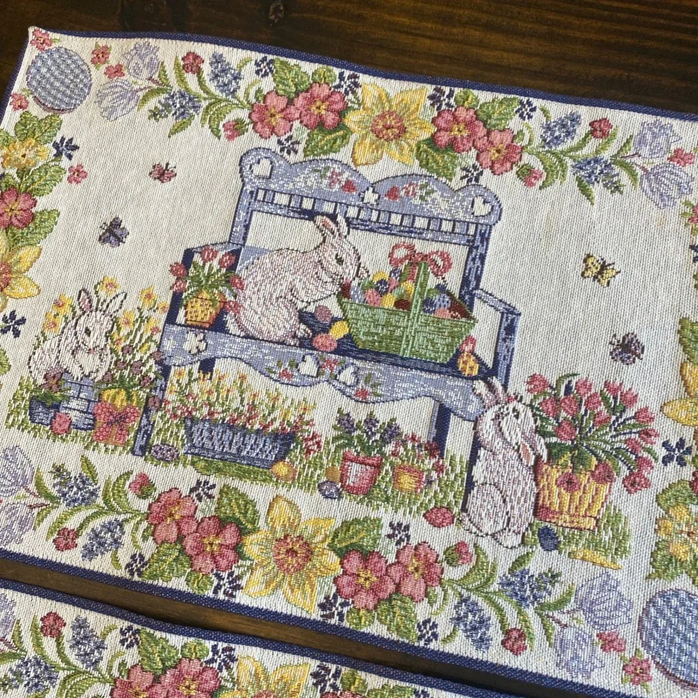 Set of 4 Easter Bunny Garden Woven Tapestry Placemats Spring Floral Blue